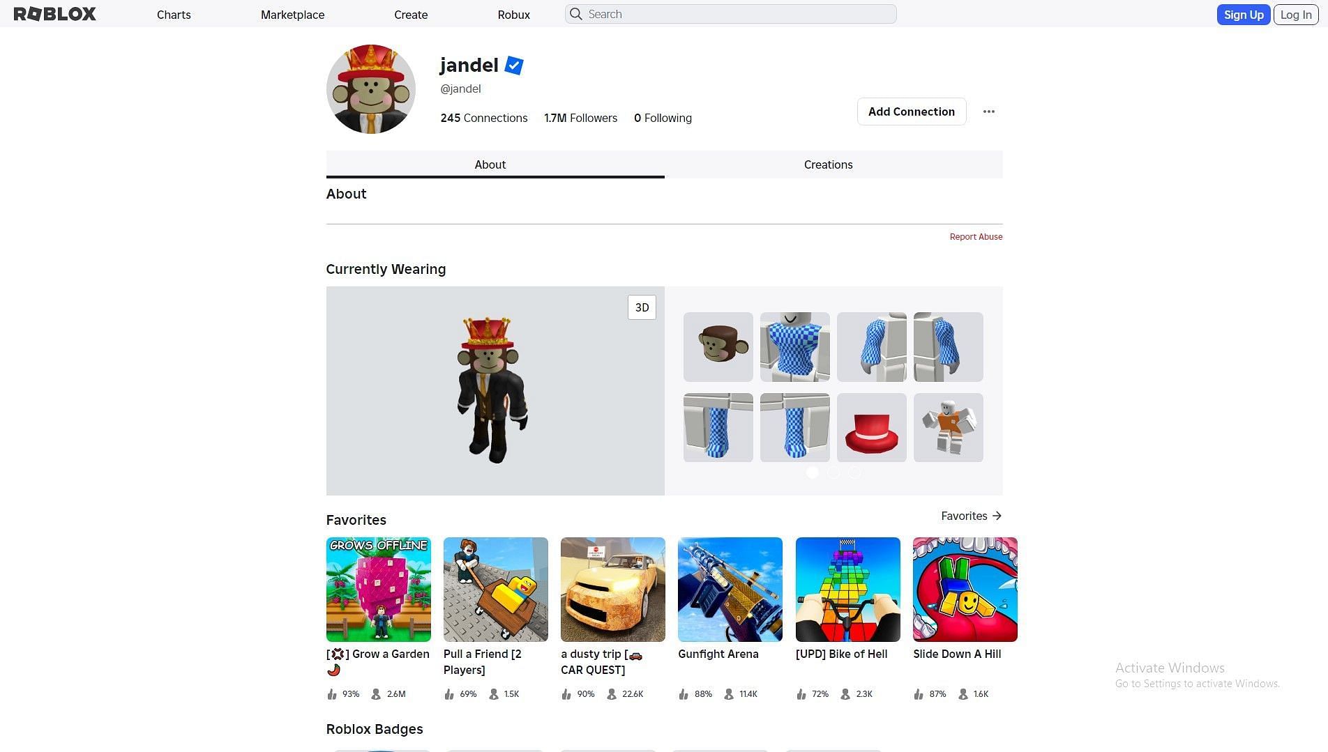 Jandel's page in Roblox (Image via Roblox)